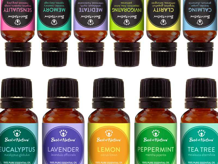 2 rows of essential oil and essential oil blend bottles. One row coming from the bottom of the page, one row upside down coming from the top of the page.