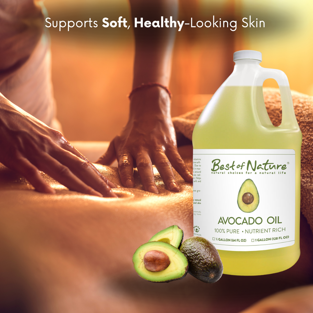 Avocado oil bottle with a person applying oil to skin, labeled 'Best of Nature Avocado Oil'.