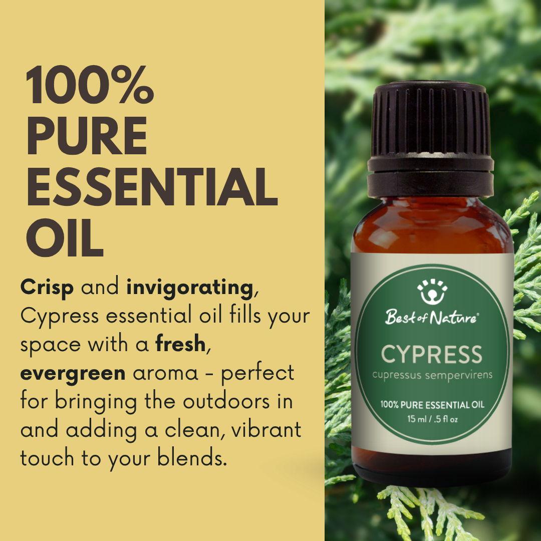 Cypress essential oil with a fresh, evergreen aroma - perfect for bringing the outdoors in and adding a clean, vibrant touch to your blends.
