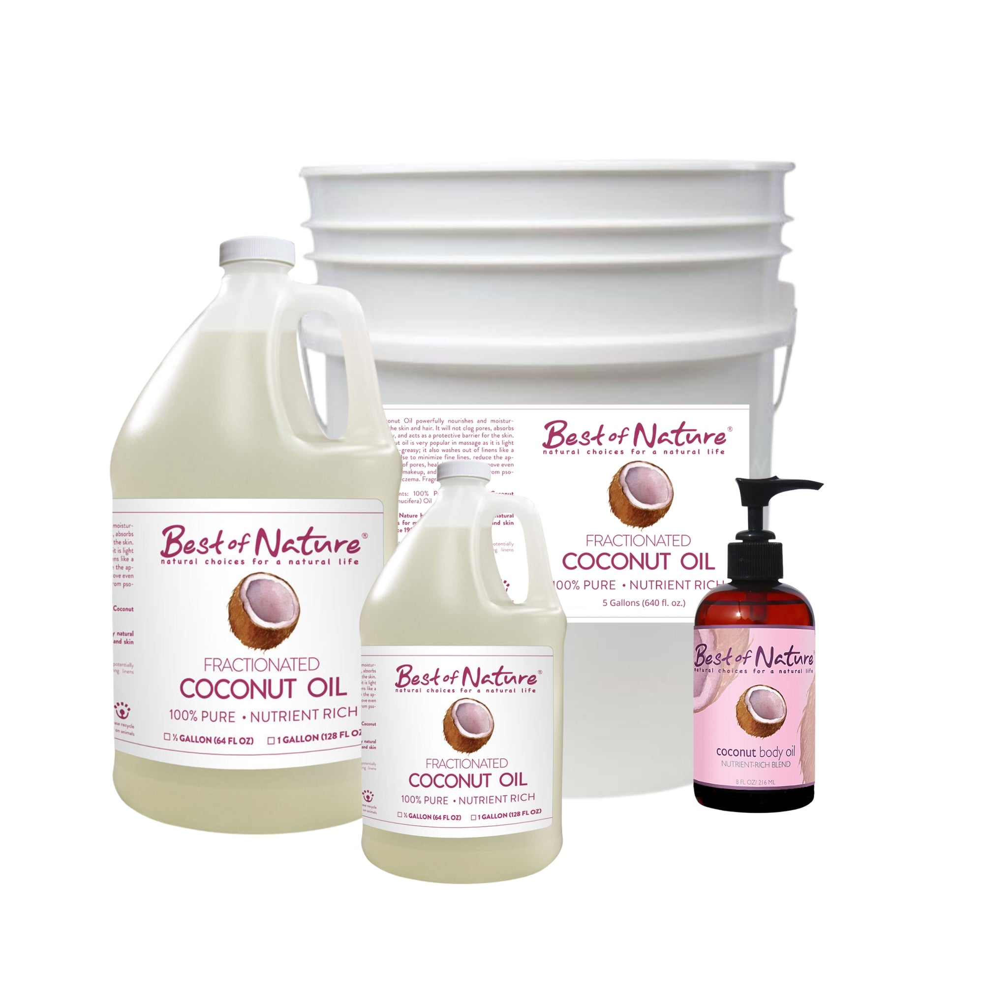 Pure Fractionated Liquid Coconut MCT Massage and Body Oil, 8 ounce pump bottle, half gallon jug, gallon jug, and 5 gallon pail.