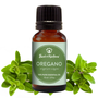 Bottle of oregano essential oil with green leaves on a white background