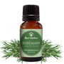 Bottle of Best of Nature Rosemary essential oil with rosemary leaves on a white background