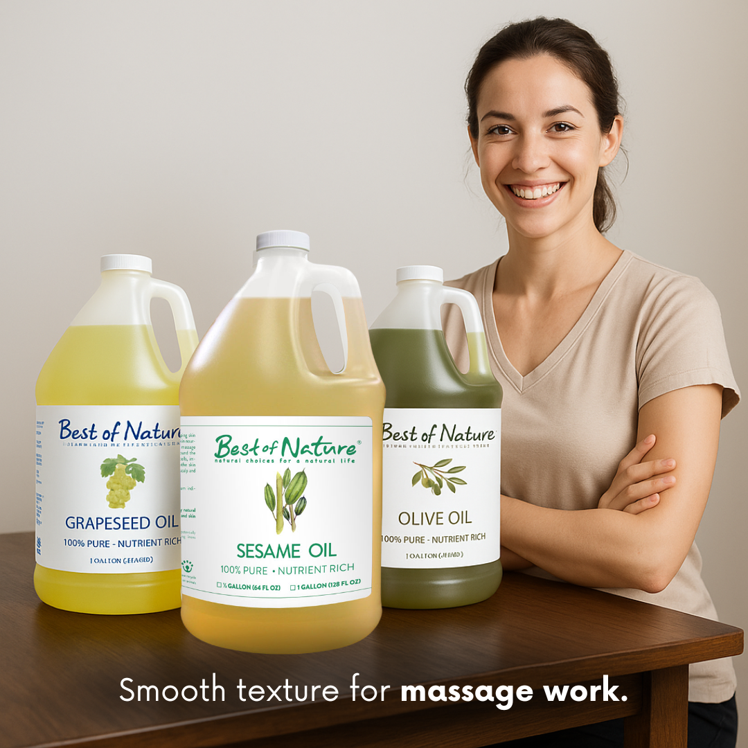Woman sitting at a table with three bottles of 'Best of Nature' oils with a neutral background. Text ' smooth texture for massage work'.
