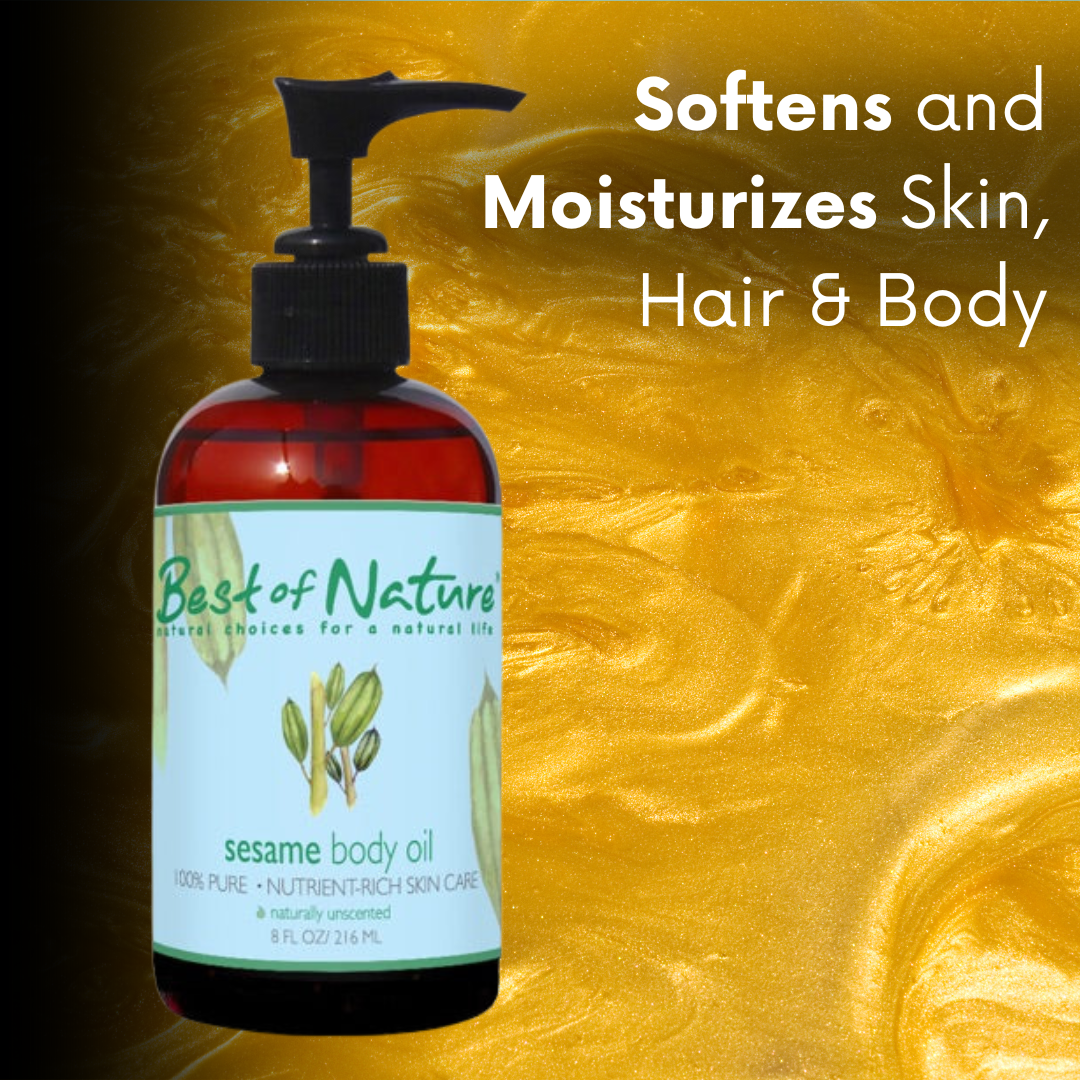 Bottle of sesame body oil on a gold background with text "softens and moisturizes skin, hair & body."