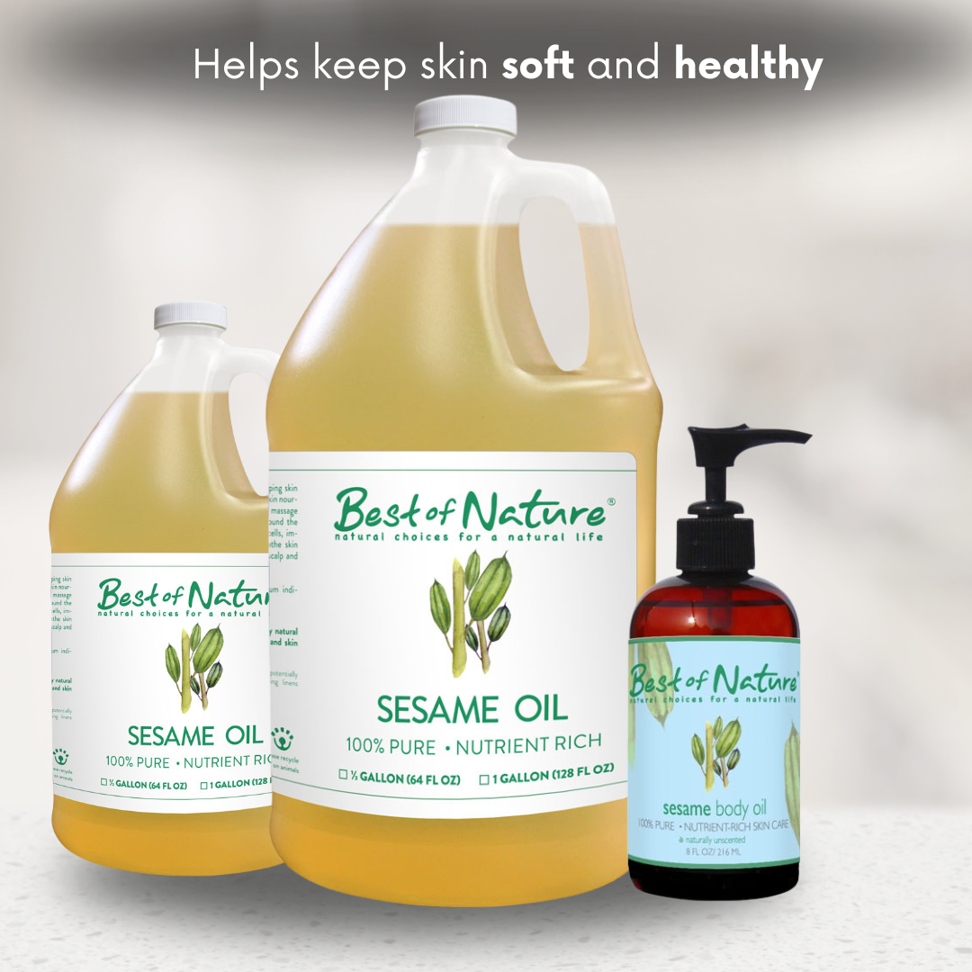 A Gallon, Half Gallon and 8 oz size bottles of "Best of Nature' sesame oil. White backgorund with text 'helps keep skin soft and healthy'