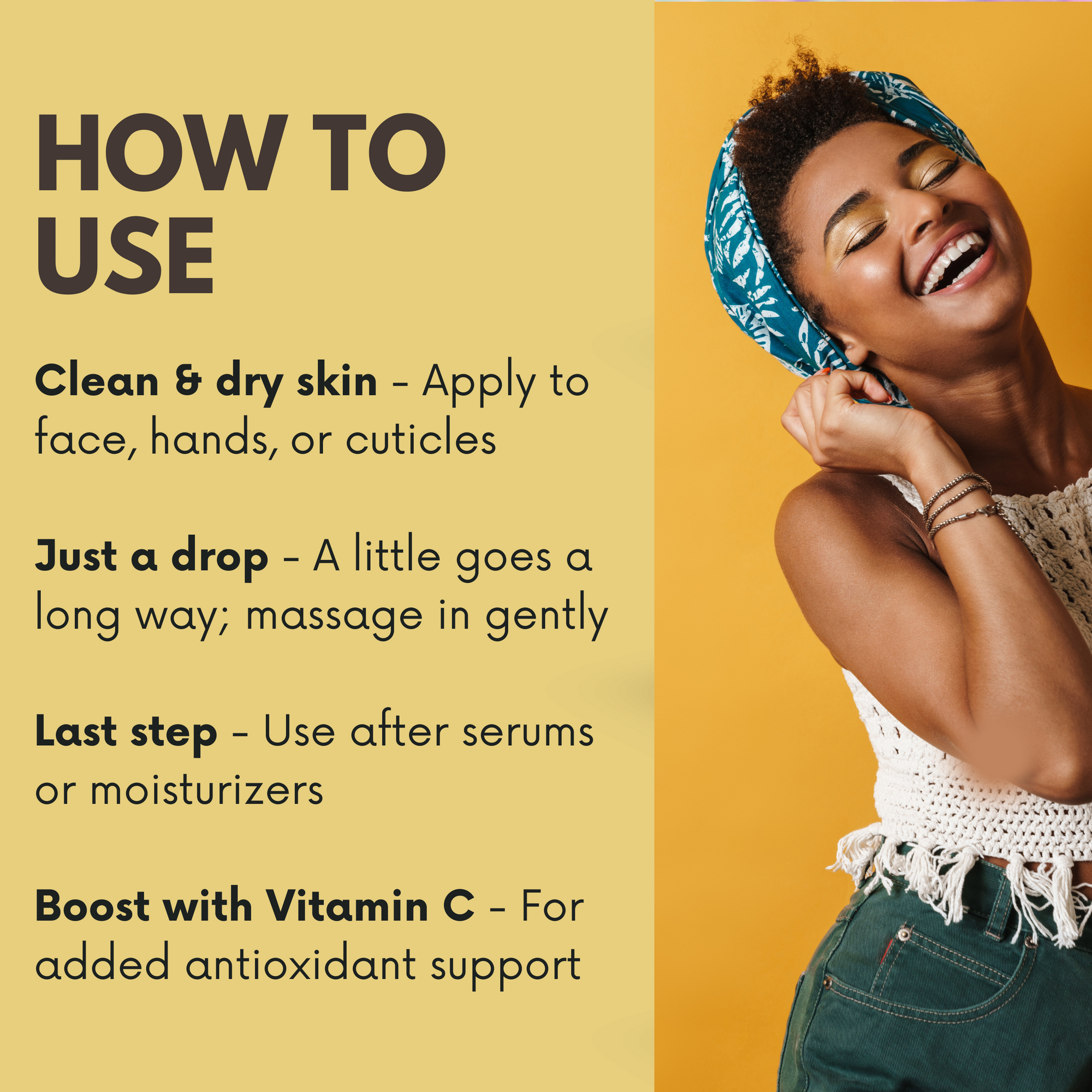 Woman applying nourishing skincare oil to face, hands, or cuticles on clean, dry skin; a little drop goes a long way.
