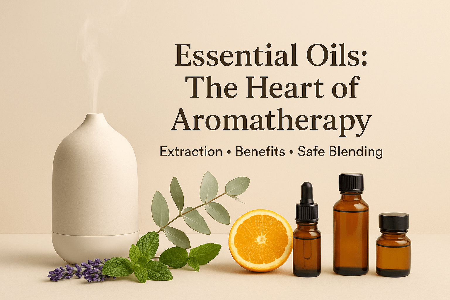 Horizontal feature banner with diffuser emitting vapor, amber essential oil bottles, lavender sprigs, eucalyptus leaves, and citrus slices, highlighting essential oils as the heart of aromatherapy.