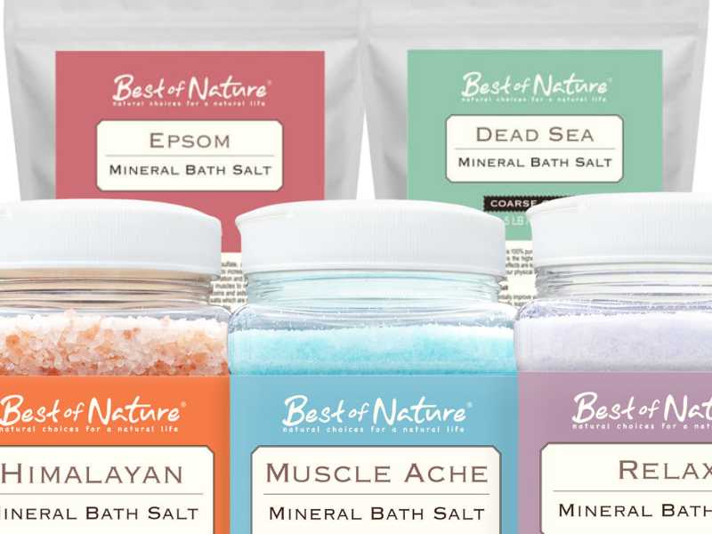 Zoomed in view of 2 rows of mineral bath salts in jars and in bags