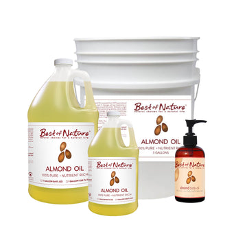 Pure Almond Massage and Body Oil: 8 ounce bottle, half gallon jug, gallon jug, and 5 gallon pail