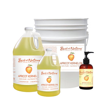 Apricot Kernel Massage and Body Oil 8 ounce pump bottle, half gallon jug, gallon jug, and 5 gallon pail