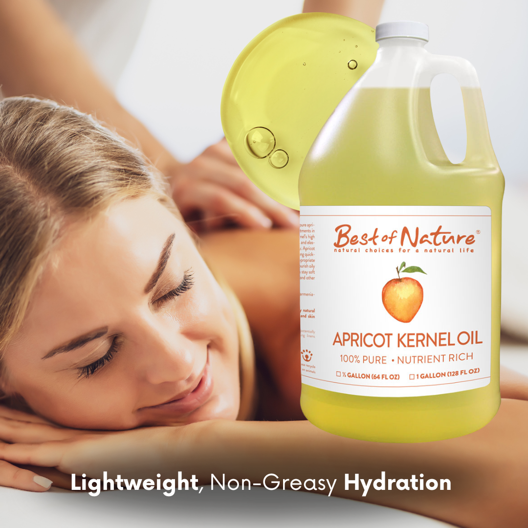 Woman receiving a massage with a bottle of Best of Nature Apricot Kernel Oil in the foreground.