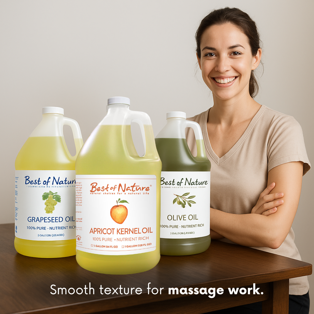 Woman standing behind three bottles of 'Best of Nature' oils with a neutral background