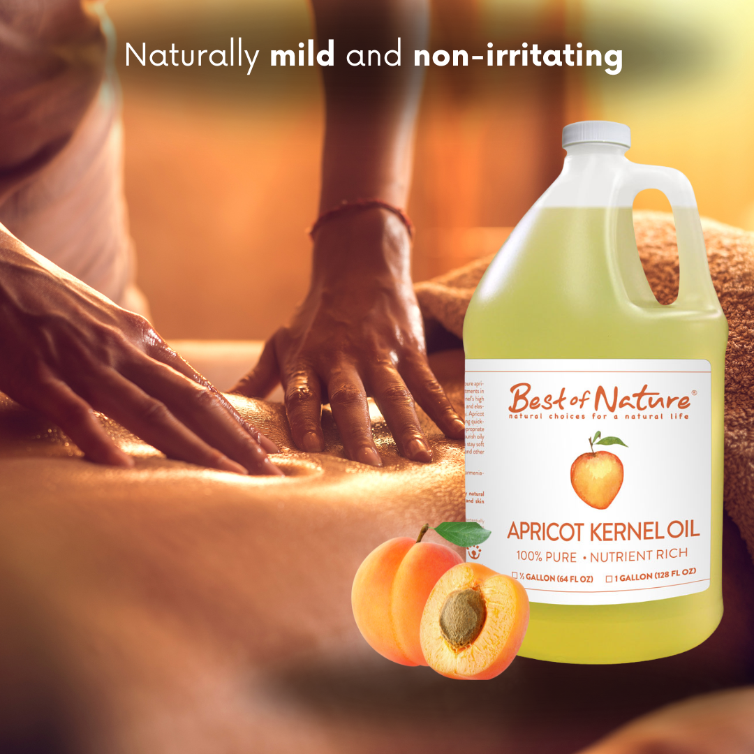 Gallon container of Best of Nature Apricot Kernel Oil with a blurred background of hands applying oil.