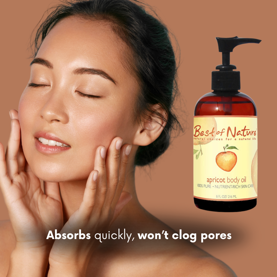 Woman touching her face with a bottle of Best of Nature apricot body oil on a brown background