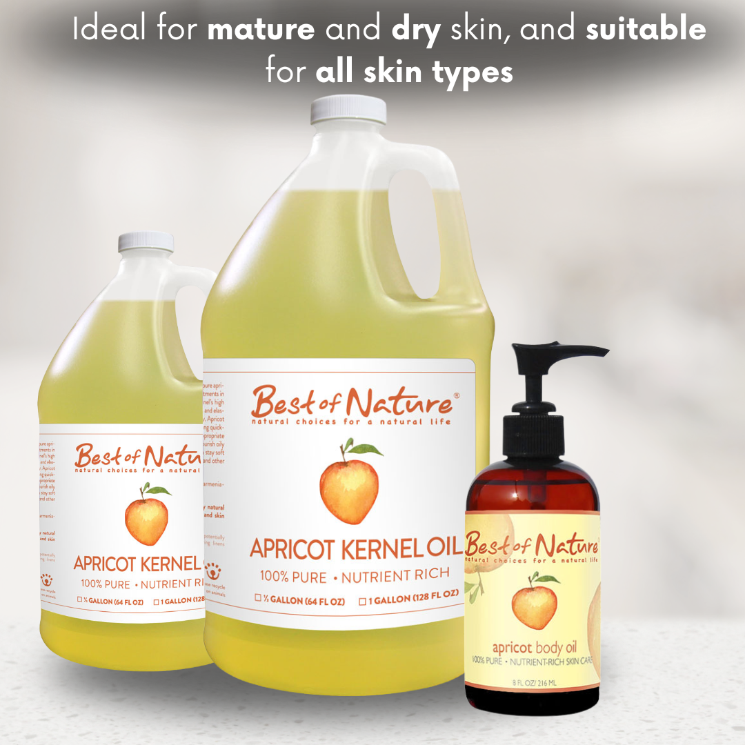 Three containers of Best of Nature apricot kernel oil on a light gray background