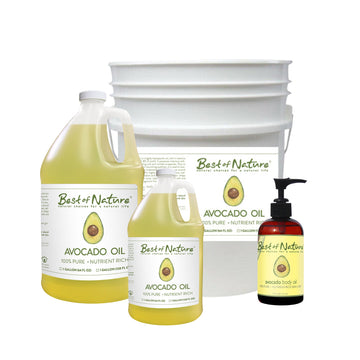 Avocado Massage and Body Oil 8 ounce pump bottle, half gallon jug, gallon jug, 5 gallon pail