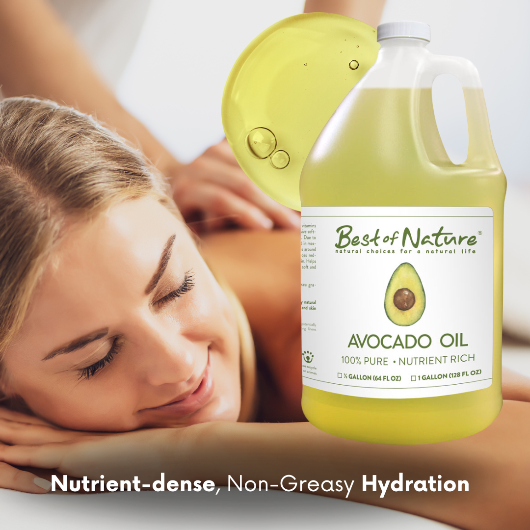 Bottle of 'Best of Nature' Avocado Oil with a woman receiving a massage.