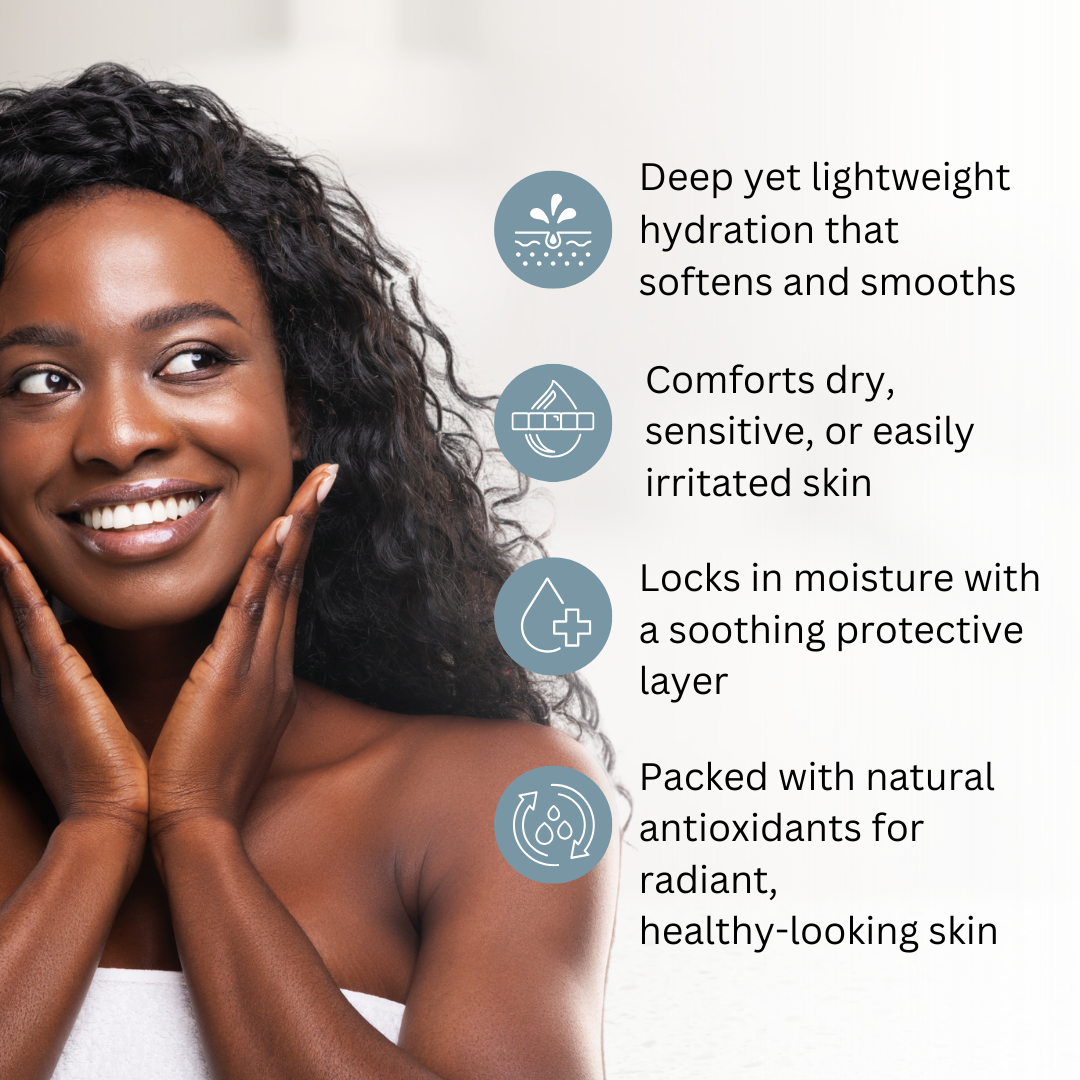 Woman with moisturized skin and text about skincare benefits