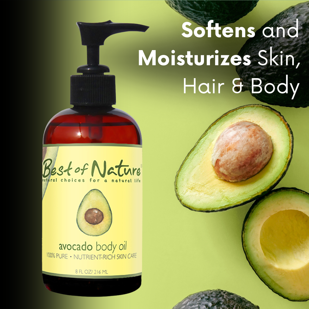 Avocado body oil bottle softens and moisturizes skin, hair and body.