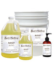 Budget Blend Massage and Body Oil 8 ounce pump bottle, half gallon jug, gallon jug, and 5 gallon pail