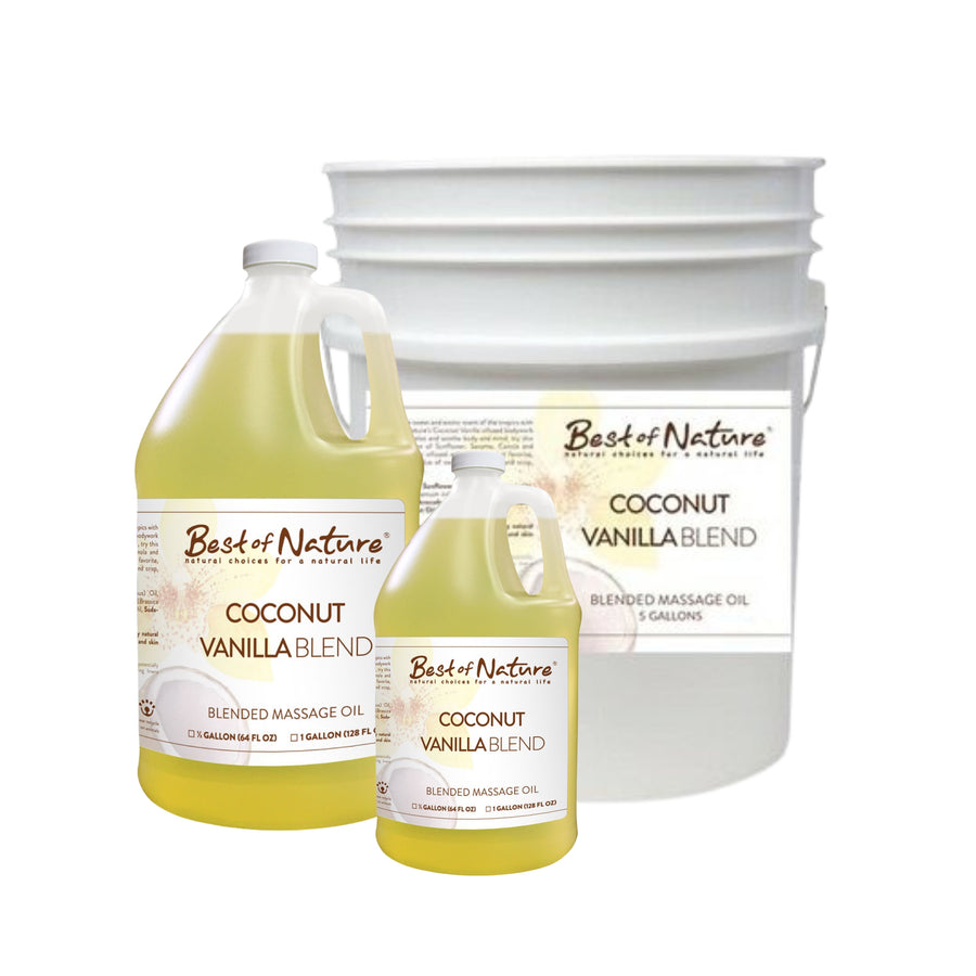 Coconut Vanilla Blend Massage and Body Oil half gallon jug, gallon jug, and 5 gallon pail
