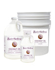 Pure Coconut Oil Massage and Body Oil half gallon jug, gallon jug, and 5 gallon pail