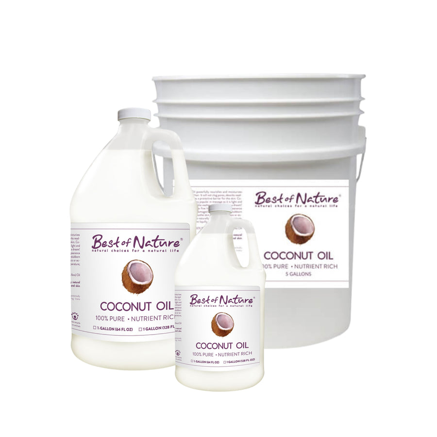 Pure Coconut Oil Massage and Body Oil half gallon jug, gallon jug, and 5 gallon pail