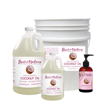 Pure Fractionated Liquid Coconut MCT Massage and Body Oil, 8 ounce pump bottle, half gallon jug, gallon jug, and 5 gallon pail