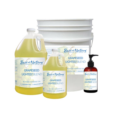 Grapeseed Lightest Blend Massage and Body Oil half gallon jug, gallon jug, and 5 gallon pail, 8 ounce bottle available but not pictured