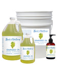 Pure Grapeseed Massage and Body Oil 8 ounce pump bottle, half gallon jug, gallon jug, and 5 gallon pail