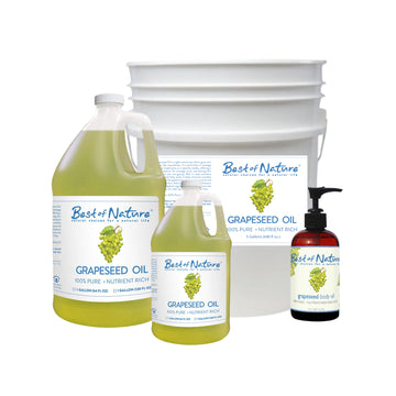 Pure Grapeseed Massage and Body Oil 8 ounce pump bottle, half gallon jug, gallon jug, and 5 gallon pail