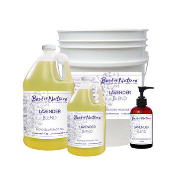 Lavender Blend Massage and Body Oil 8 ounce pump bottle, half gallon jug, gallon jug, and 5 gallon pail