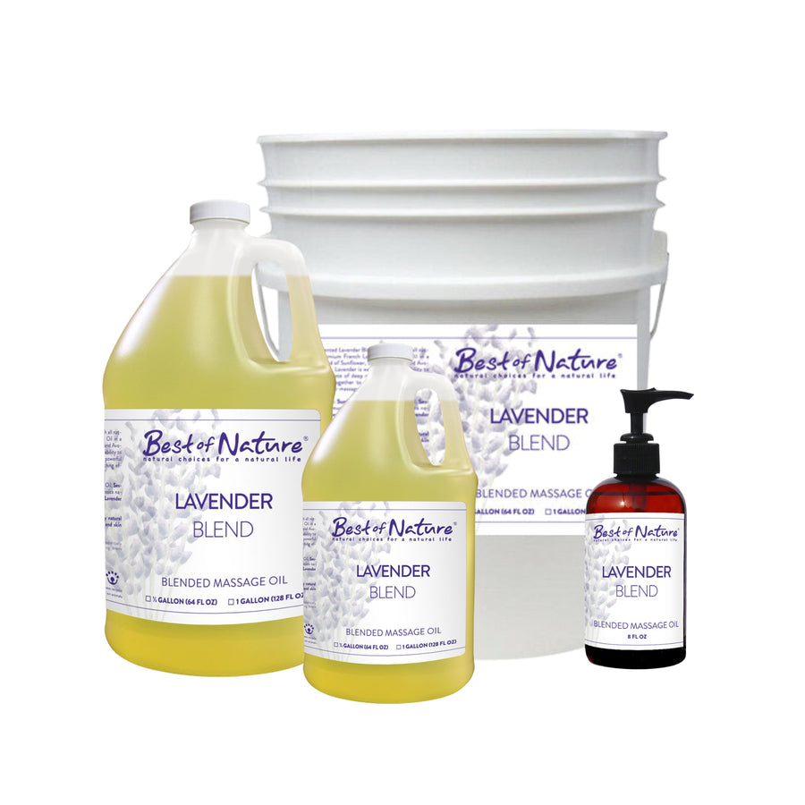 Lavender Blend Massage and Body Oil 8 ounce pump bottle, half gallon jug, gallon jug, and 5 gallon pail