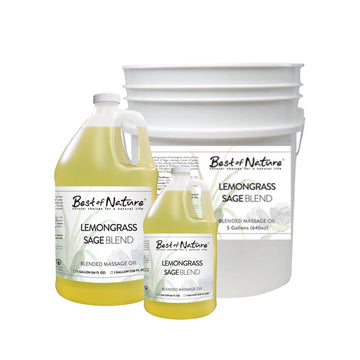 Lemongrass Sage Blend Massage and Body Oil half gallon jug, gallon jug, and 5 gallon pail