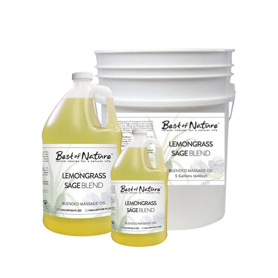 Lemongrass Sage Blend Massage and Body Oil half gallon jug, gallon jug, and 5 gallon pail
