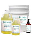 Muscle Ache Relief Blend Massage and Body Oil 8 ounce pump bottle, half gallon jug, gallon jug, and 5 gallon pail