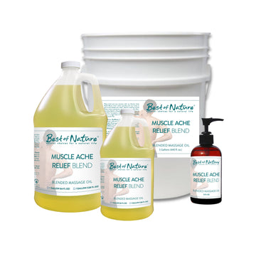 Muscle Ache Relief Blend Massage and Body Oil 8 ounce pump bottle, half gallon jug, gallon jug, and 5 gallon pail