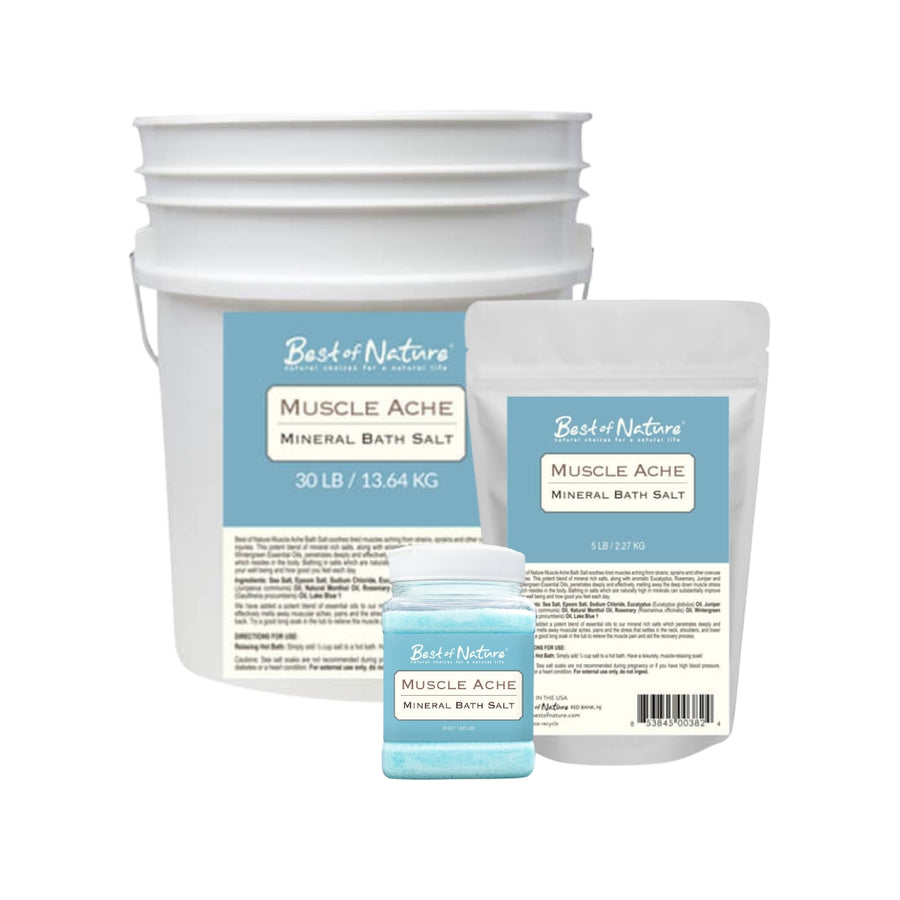 Muscle Ache Mineral Bath Salts 26 oz jar, 5 lb bag, 30 lb pail