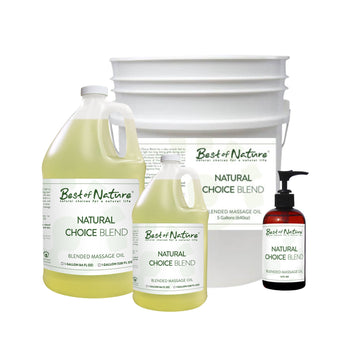 Natural Choice Blend Massage and Body Oil 8 ounce pump bottle, half gallon jug, gallon jug, and 5 gallon pail