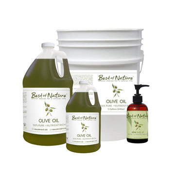 Pure Olive Massage and Body Oil 8 ounce pump bottle, half gallon jug, gallon jug, and 5 gallon pail