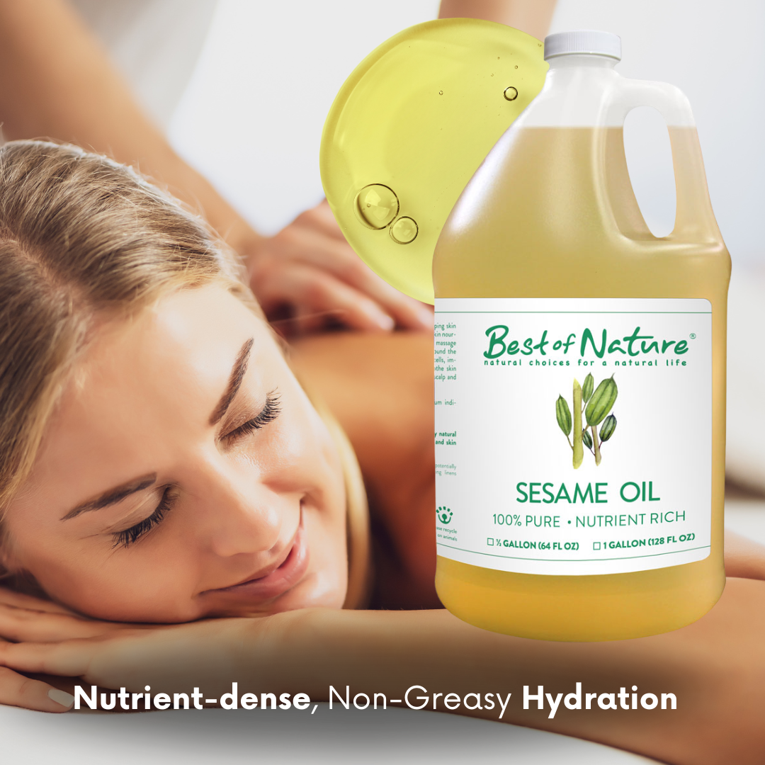 Bottle of Best of Nature Sesame Oil with a woman receiving a massage. Background text saying &#39; Nutrient-dense, non greasy hydration&#39;.