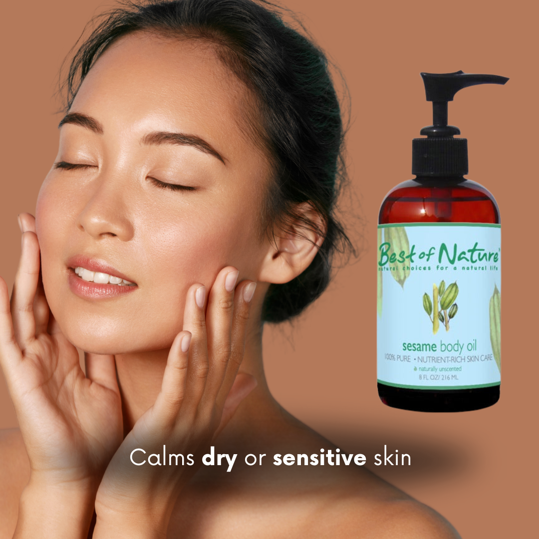 Woman touching her face. A bottle of &#39;Best of Nature&#39; sesame body oil next to her. Brown background with text &#39; Calms dry or sensitive skin&#39;.