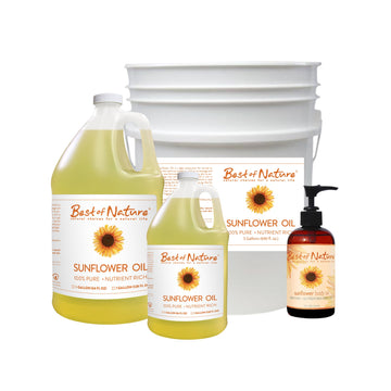 Pure Sunflower Massage and Body Oil 8 ounce pump bottle, half gallon jug, gallon jug, and 5 gallon pail