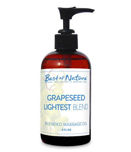 Grapeseed Lightest Blend Massage and Body Oil 8 oz pump bottle, half gallon jug, gallon jug, and 5 gallon pail