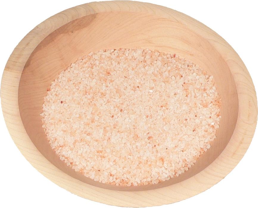 Wooden bowl of pink himalayan salt